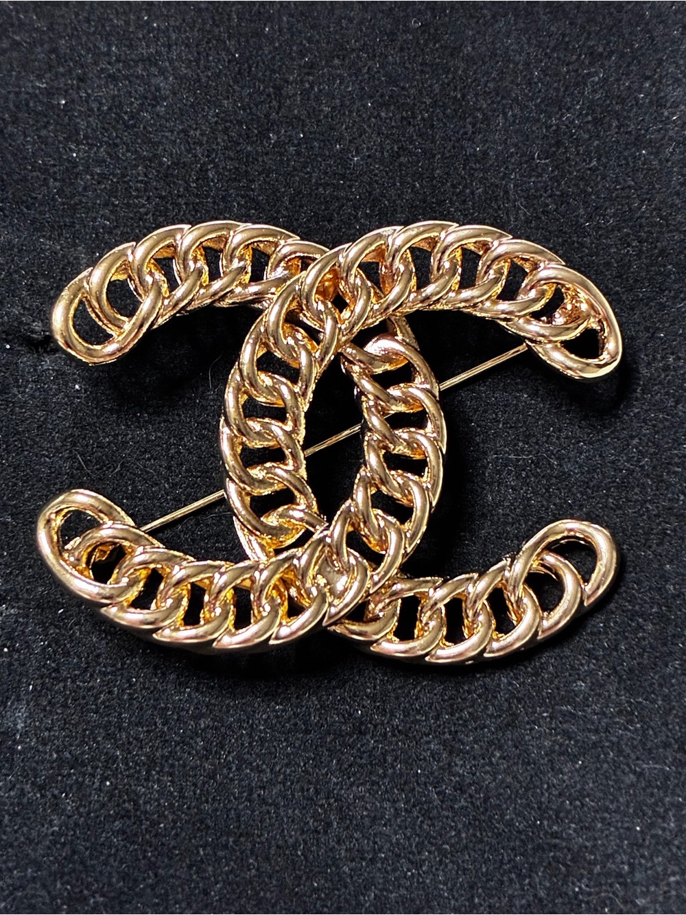 Double C Logo Gold Tone Chain Brooch
